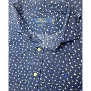 Polo Ralph Lauren Seersucker Shirt Mens Large AOP Navy Blue Crinkle Siren